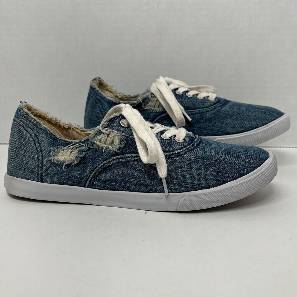 Sam Edelman CALLA Distressed Denim Sneakers Women Size 8 M Frayed Lace Up - Picture 3 of 12